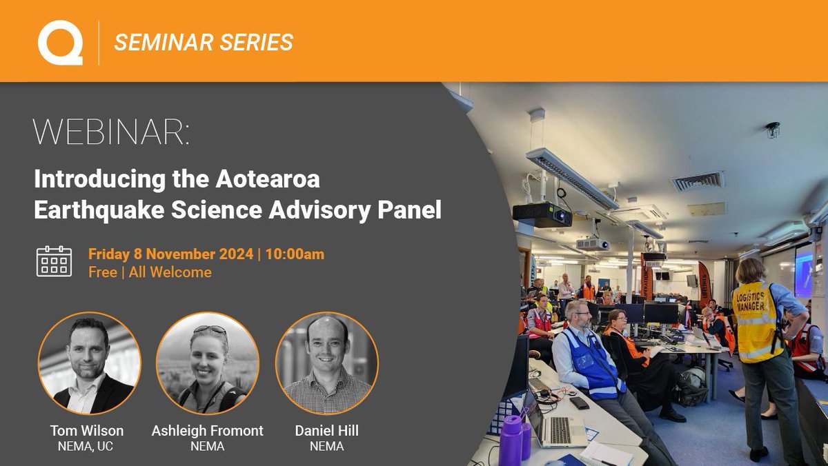 Te Hiranga Rū QuakeCoRE (@quakecore) on Twitter photo Join us online NEXT FRIDAY (8 Nov) at 10am for the next #QCSeminarSeries:
Introducing the Aotearoa Earthquake Science Advisory Panel
🗣️Presenters: Tom Wilson (<a href="/NZcivildefence/">National Emergency Management Agency</a>, <a href="/UCNZ/">University of Canterbury</a>); Ashleigh Fromont & Daniel Hill (both NEMA)
Full details: buff.ly/3A6Vawb Join us online NEXT FRIDAY (8 Nov) at 10am for the next #QCSeminarSeries:
Introducing the Aotearoa Earthquake Science Advisory Panel
🗣️Presenters: Tom Wilson (<a href="/NZcivildefence/">National Emergency Management Agency</a>, <a href="/UCNZ/">University of Canterbury</a>); Ashleigh Fromont & Daniel Hill (both NEMA)
Full details: buff.ly/3A6Vawb