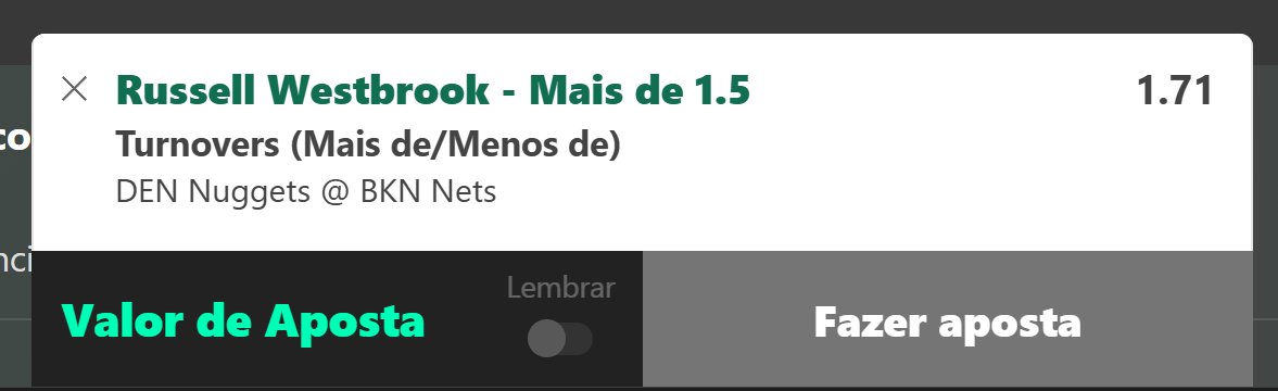 newgate_bet's tweet photo. 🏀 BKN Nets - DEN Nuggets  
📆 29/10/2024 - 20:40h  
  
📝 Simples [Bet365]  
Russel Westbrook: +1.5 TO  
  
🎯 1un  
⚖️ ODD: 1.71

#NBA #NBAPicks #NBAX #PlayerProps #GamblingX https://t.co/vKAdWmV8lX