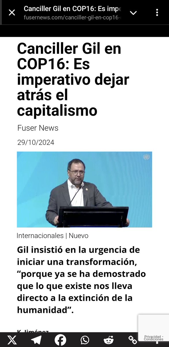 El ministro de Relaciones Exteriores de Venezuela, Yván Gil, hizo un llamado a abandonar el modelo capitalista para proteger el planeta, durante su intervención en la Conferencia de las Naciones Unidas sobre Biodiversidad (COP16) que se desarrolla en Cali, Colombia.