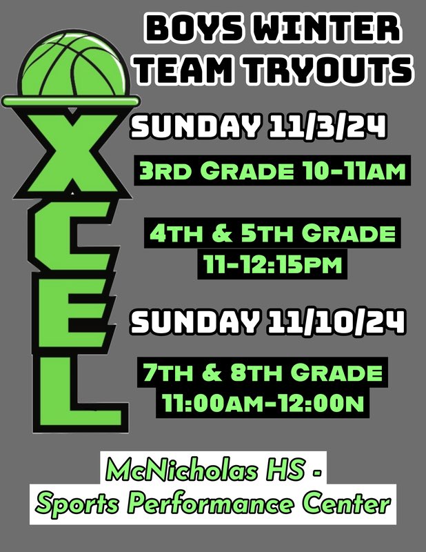 🏀Xcel Winter Teams🏀

additional 3rd Grade Tryout:
Sunday 11/3 from 10-11:00am

4th &amp; 5th Grade: 11/3 from 11:00am-12:15pm

7th &amp; 8th Grade: 11/10 from 11:00am-12:00n

Register at cincyball.com