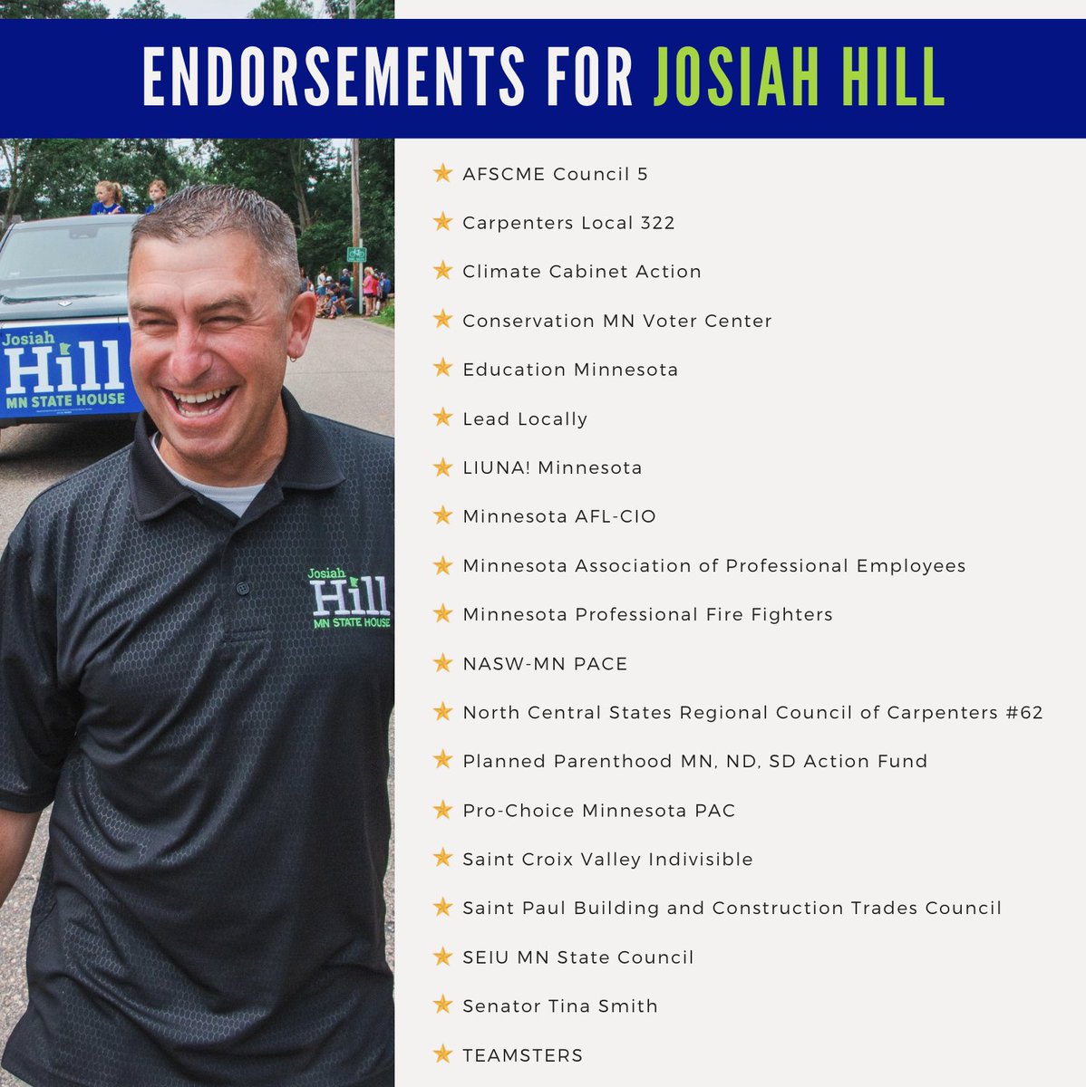 Endorsements for Josiah Hill for MN State House. 💪💪