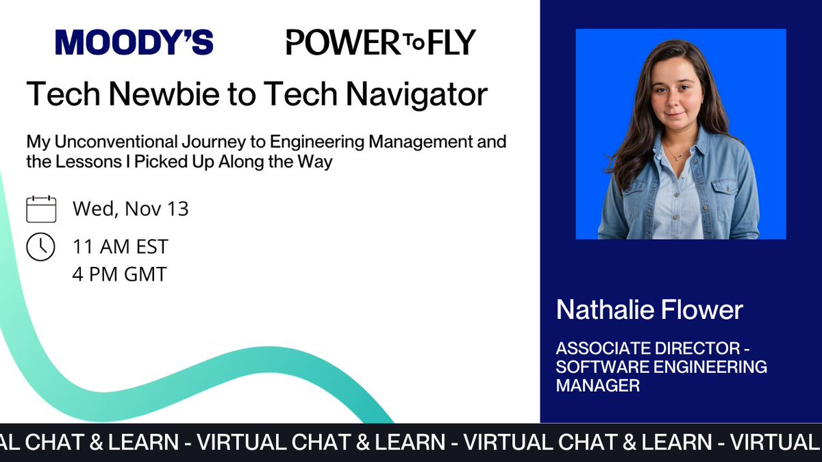 powertofly's tweet photo. From Tech Newbie to Engineering Leader! 🚀 Nathalie Flower, Engineering Manager at @Moodys, shares her unique journey from a non-tech background to leading in engineering 🌟
Don't miss this chance 💼 👉 https://t.co/SDQpdie4XU
#Tech #WomenInTech #CareerTips #PowerToFly https://t.co/XSWDP3ADwy