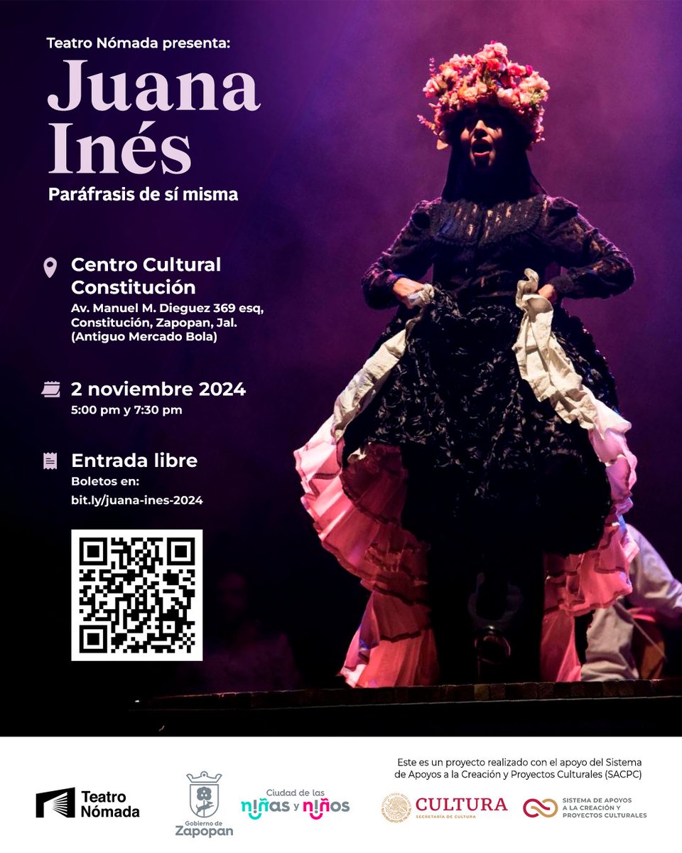 ¡Atención, amantes de la #cultura! Sábado 2 de nov, presentamos "Juana Inés, paráfrasis de sí misma" en el Centro Cultural Constitución en #Zapopan 
Entrada libre
#teatro #SorJuanaInés Realizado con apoyo del Sistema de Apoyos a la Creación y Proyectos Culturales <a href="/SistemaCreacion/">Sistema de Apoyos a la Creación</a>