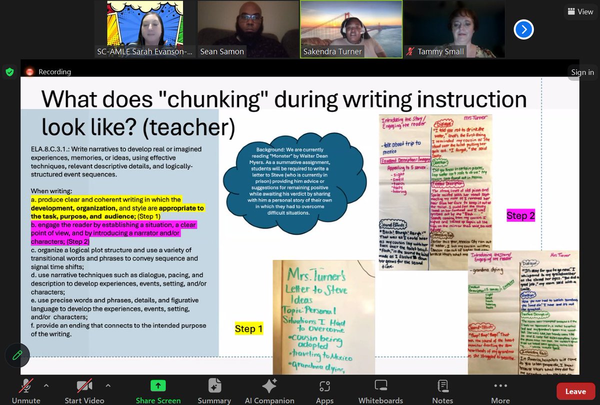 CathleenLacey's tweet photo. Exciting evening with @The_SCAMLE Tuesday Thoughts webinar on SC READY TDW Writing! Thank you @R1SecondaryEd colleagues @SturnerLuvsELA and @MrSeanSamon, for sharing effective strategies for student writing. So informative! Well done! #AMLE #EdChat #SCAMLE https://t.co/L2tTv9lFGQ