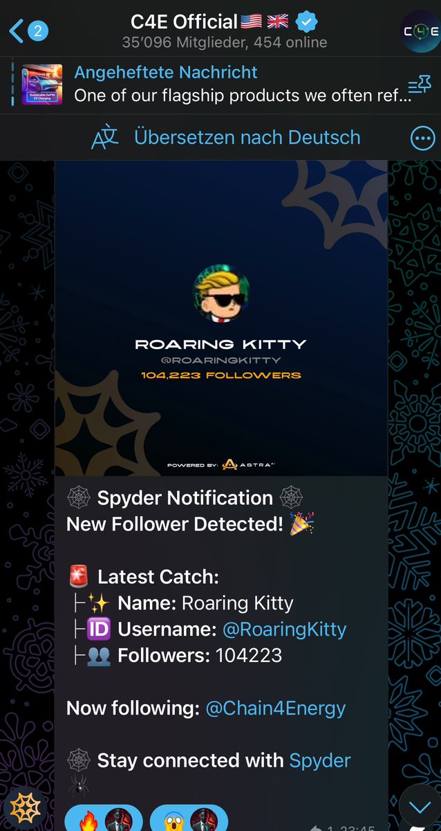 weezel87's tweet photo. This is a great follow for @Chain4Energy by @RoaringKitty !

#C4E is starting to get the attention they deserve!

Thanks @AstraLabs_Inc for the SpyderBot to track new followers!

#DePIN #RWA #AI 🔥🔥🔥 https://t.co/gq9mxMeTLG