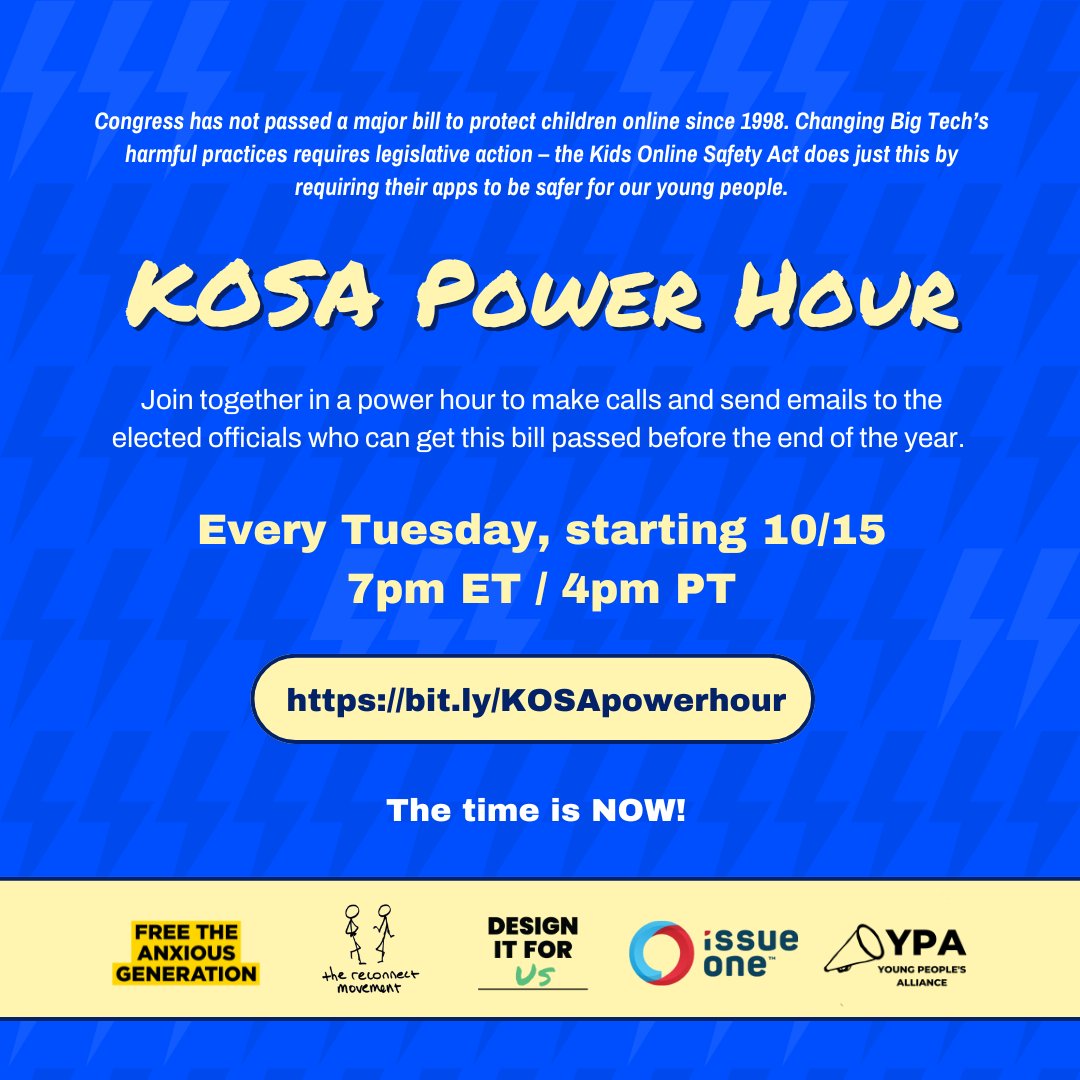 Every Tuesday (TODAY) at 7pm ET  join us for a conversation with youth advocates and special guests – together we’ll call on Congress to #PassTheBill!

Join the zoom at the link here Today in 10 minutes!  bit.ly/KOSApowerhour