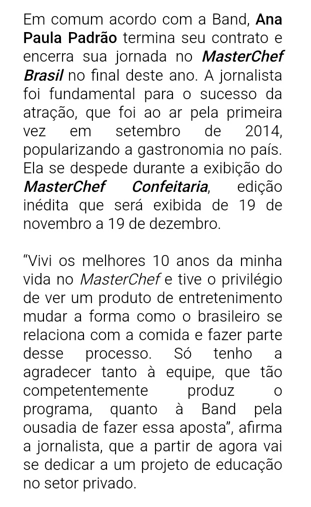 TelemaniacosTV's tweet photo. Comunicado oficial da Band na íntegra sobre a saída de @anapaulapadrao da emissora.
#MasterChef #MasterChefBR #MasterChefConfeitaria #MChef https://t.co/GTDbvorGlD