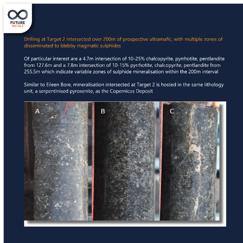 _FutureMetals's tweet photo. #FME Initial observations from drilling. Thick mineralised sulphide zone intersected at #Eileen Bore and discovery of a new sulphide zone at previously untested Target #2