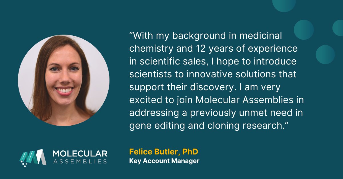 Welcome Felice Butler to the MAI team as Key Account Manager! If you are in the Pacific Northwest, Felice is ready to answer your questions on how our #enzymaticDNAsynthesis can accelerate your research and therapeutic development:

molecularassemblies.com/product/

#DNAuncompromised #FES