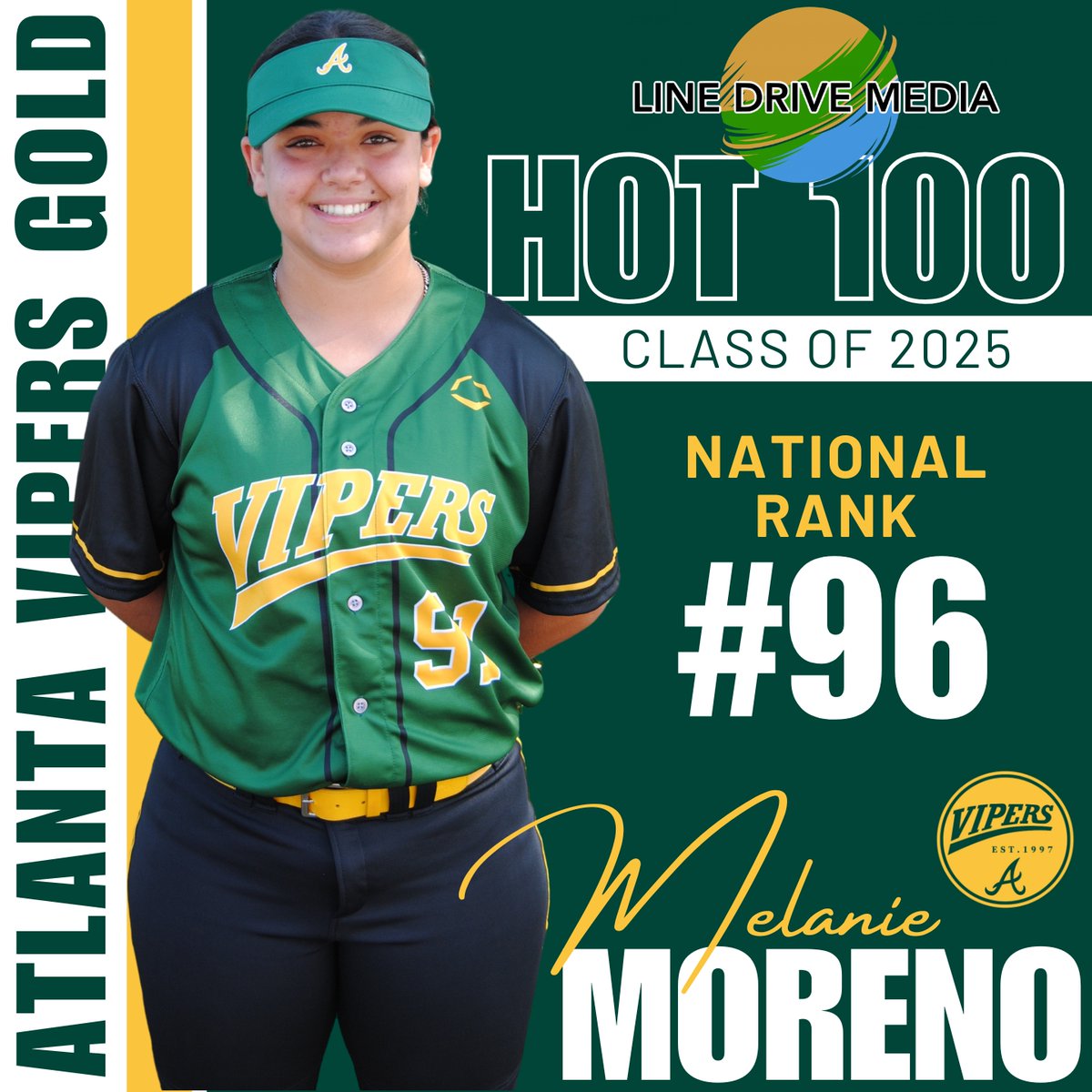 Congrats to the BIG Hitting Melanie Moreno for being recognized and ranked in the Line Drive Media Hot 100 National Player Rankings. Way to go Mell!!  #BeTheStandard

<a href="/LineDsoftball/">Line Drive Media</a> <a href="/thevipernation/">Atlanta Vipers Fastpitch</a> <a href="/MelMoreno_2025/">Melanie Moreno</a>