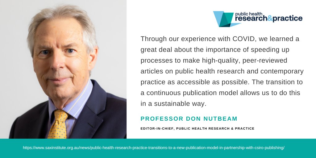 Public Health Research &amp; Practice journal is shifting to a continuous publication model from Jan 2025! In partnership with <a href="/CSIRO/">CSIRO</a> Publishing, this change will bring peer-reviewed public health research to you faster than ever, with full open access. 
saxinstitute.org.au/news/public-he…