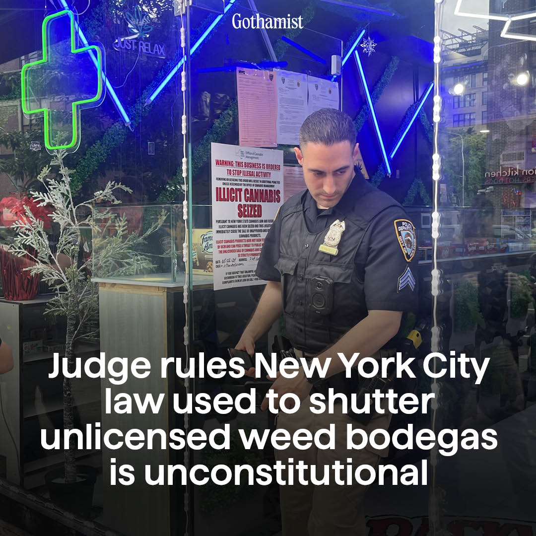 Gothamist's tweet image. A Queens judge ruled that the local law that let New York City rapidly shut down more than 1,000 businesses is unconstitutional because it denies shop owners their rights to due process: bit.ly/48vbXps