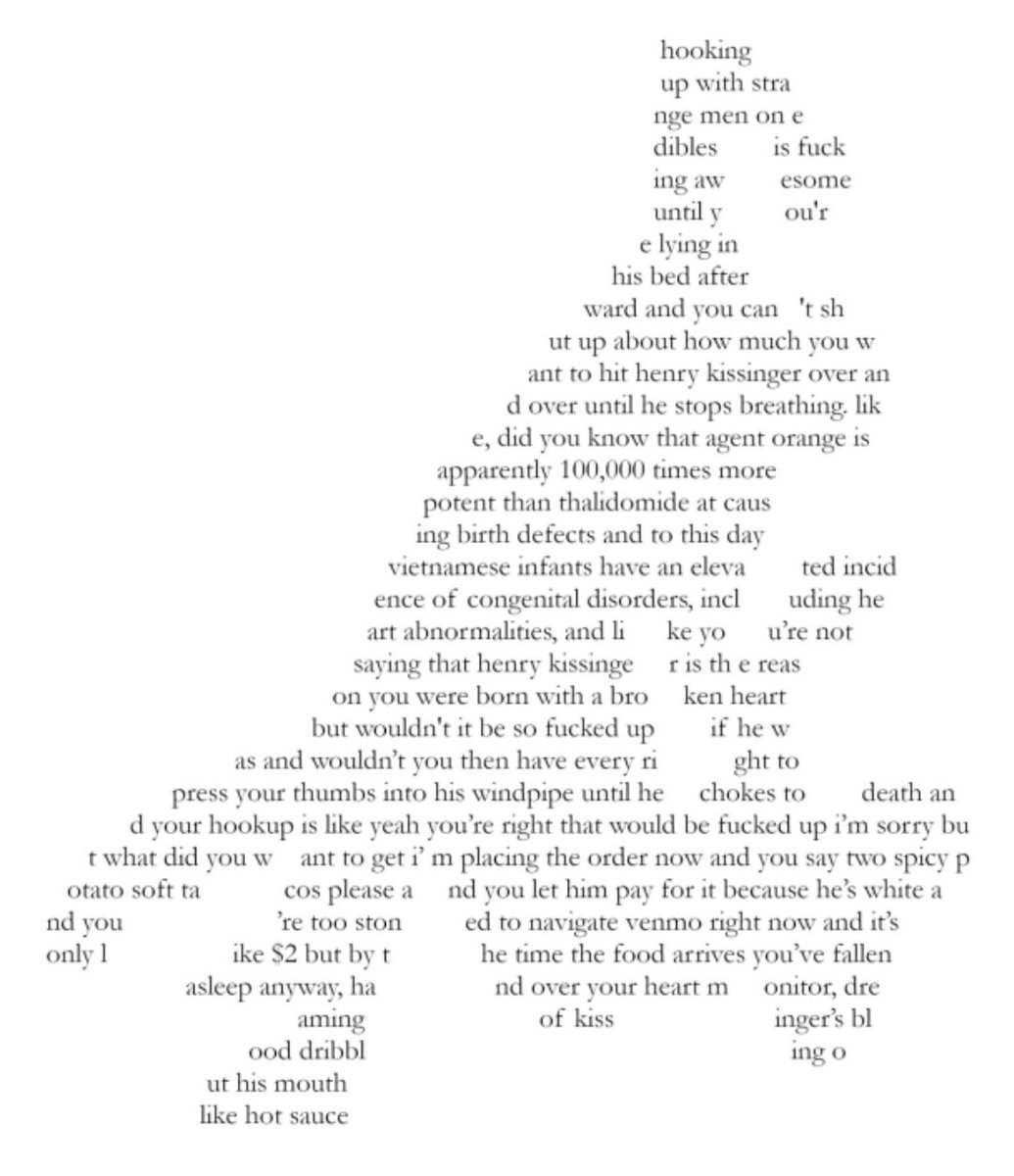 Re-posting because It's always worth killing the bastard again: Poem in the Shape of the Poet Beating Henry Kissinger to Death with Their Bare Hands by Felix in TBQ7.