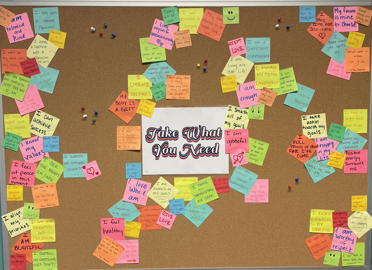 Take a look at the Take One, Leave One Board at Buckeye Community School! Each post-it note holds a positive word or phrase of affirmation written by students and staff. The idea is simple but impactful: take a message to lift your spirits and leave one to encourage someone else.