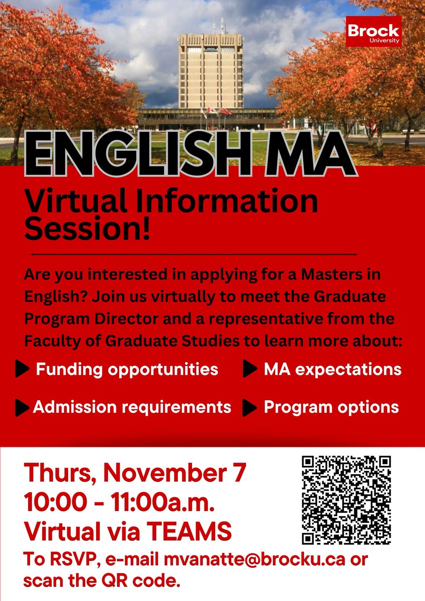 Attention 3rd &amp; 4th-year English students! 
You are invited to a virtual English MA Information Session. If you are interested in pursuing an Masters in English, join us to learn more about our program.

📅November 7th, 10:00am-11:00am
💻Virtual via Microsoft Teams