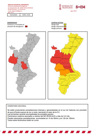 (19:30h.) Actualización #Dana: 🌧️⛈️El Centro de Coordinación de Emergencias establece:

🚨Emergencia SITUACIÓN 2 del Plan Especial de Inundaciones en toda la TODA la provincia de Valencia.

🔴Alerta nivel rojo por lluvias en todo el litoral e interior norte de Valencia.

🟠Alerta