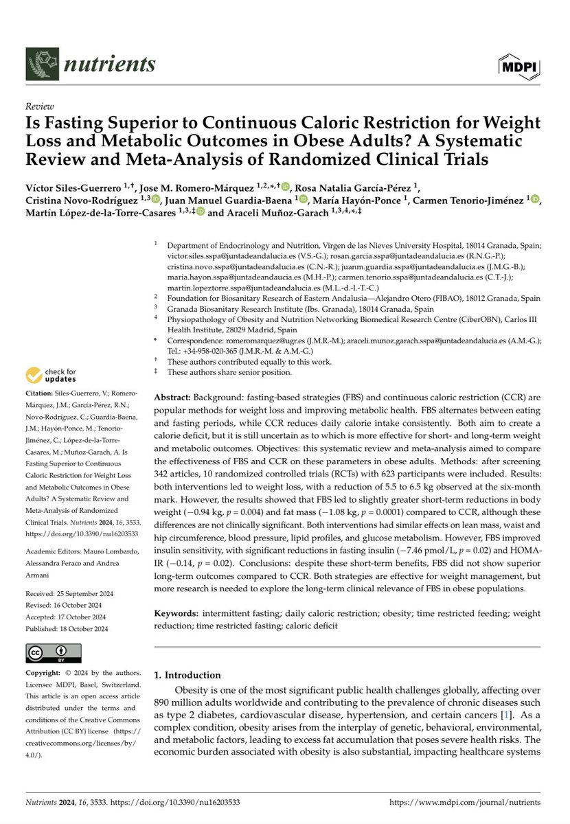 ¿Es el ayuno intermitente realmente mejor que la restricción calórica diaria para perder peso y mejorar la salud metabólica? 🥗📈

Nuestra última Revisión Sistemática y Metanálisis de Ensayos clínicos aleatorizados

<a href="/hospital_hvn/">HUVN</a> <a href="/BibliotecaHUVN/">Biblioteca Hospital Virgen Nieves</a> 

👇👇

mdpi.com/2072-6643/16/2…