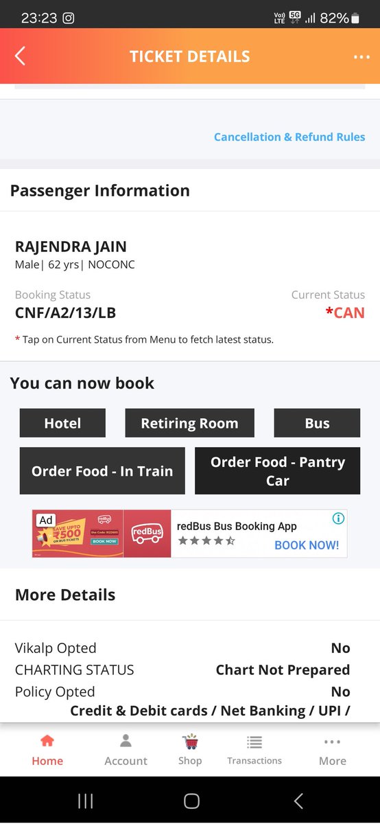 ManishS06751190's tweet photo. @RailMinIndia @IRCTCofficial i book ticket with below metioned details in attached image of IRCTC mob app there clearly metioned that chart not prepared and i book ticket of wrong destination soo i cancel the ticket immigiatly but after cancelation 0 refund how it is possible.. https://t.co/jGfbqdgeN2
