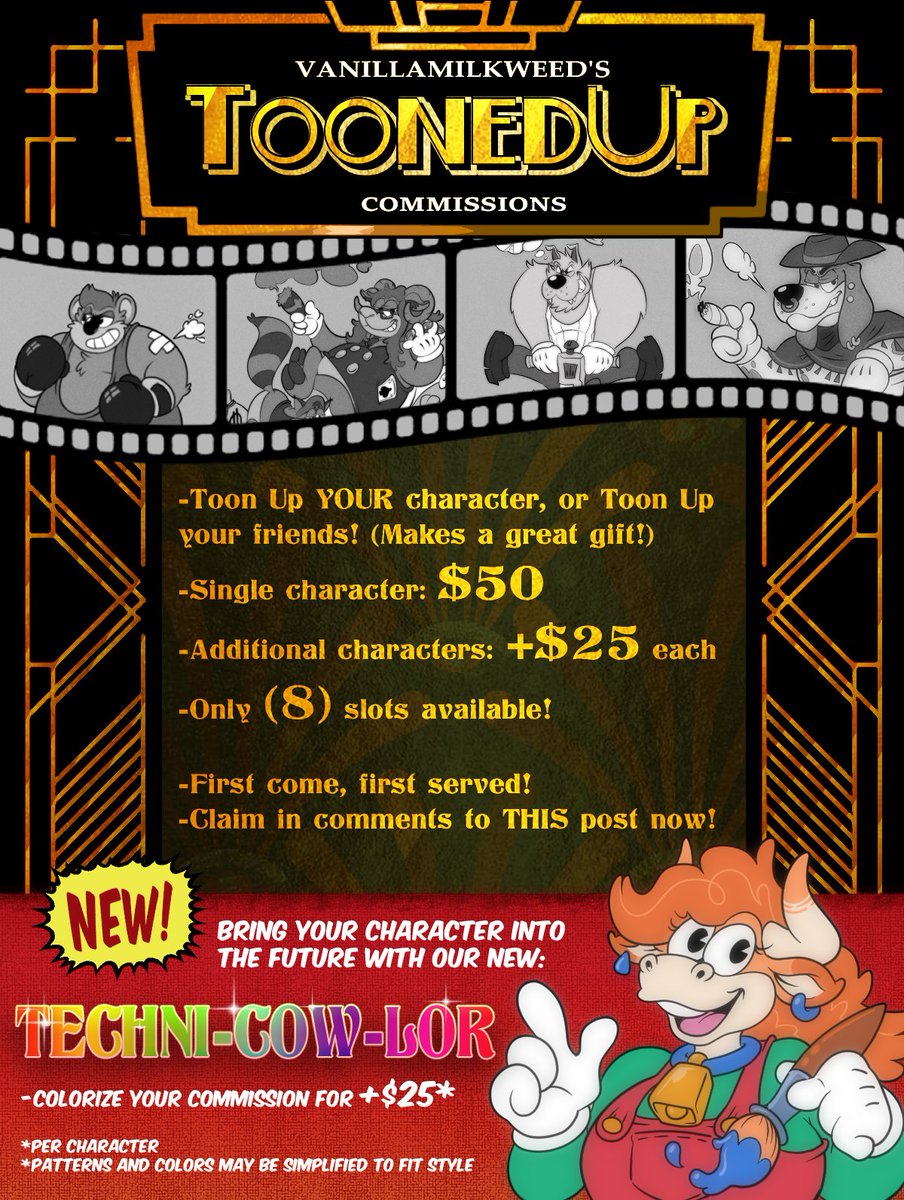 VanillaMilkweed's tweet photo. I'm re-opening my #ToonedUp commissions! Turn your character into a black and white rubberhose toon, or bring them into the future with our Techni-cow-lor option! I'll add some examples of past ToonedUp comms in this thread. https://t.co/gZB19doEso