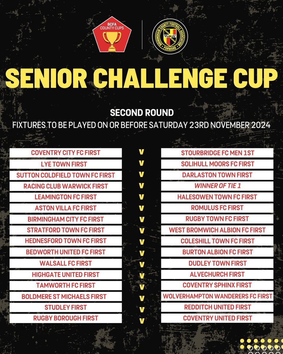 🏆 𝗕𝗜𝗥𝗠𝗜𝗡𝗚𝗛𝗔𝗠 𝗦𝗘𝗡𝗜𝗢𝗥 𝗖𝗨𝗣 🏆 

We have been drawn away to <a href="/AVFCOfficial/">Aston Villa</a> in the second round of the Birmingham Senior Cup.

More details to follow in due course.
<a href="/TameCleaning/">Tame Cleaning</a> #UTRs #UTV