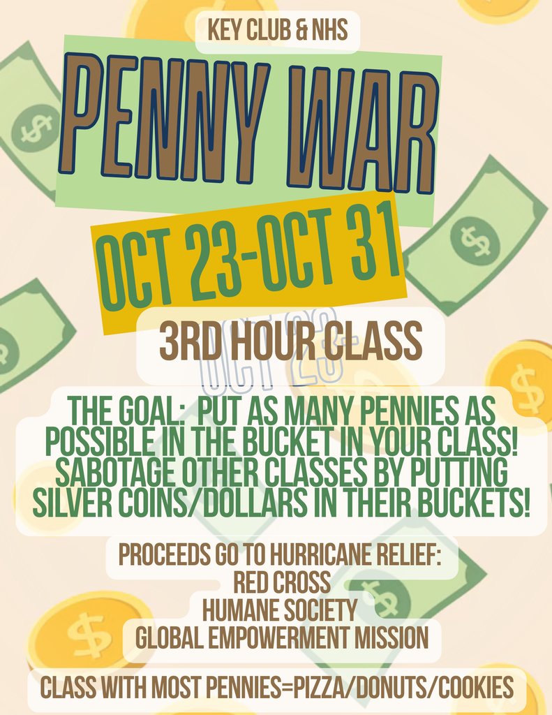 Penny War ends on Thursday! The Penny War at the HS has been a great success so far. Thursday at 3:1 5 is the last day to add pennies to your 3rd hour class bucket or sabotage other classes. Thank you for supporting great causes!!!
