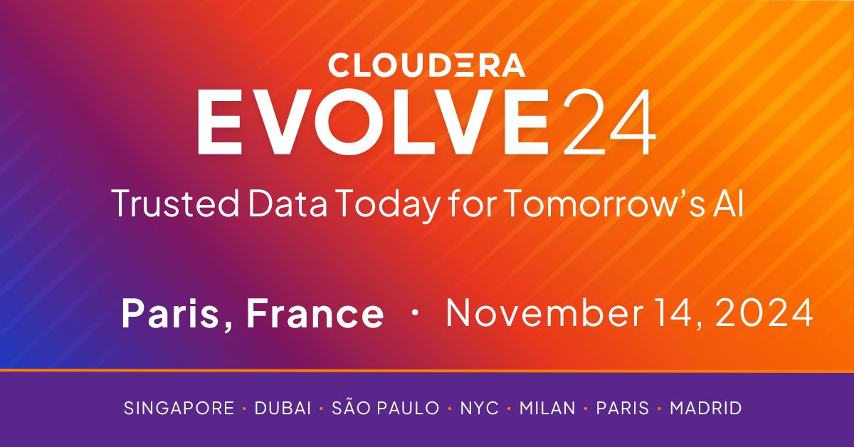 cloudera's tweet photo. Join us at #EVOLVE24 in Paris in November, where industry experts and partners will share cutting-edge insights on the future of AI and data. Attendees will gain valuable insights from industry visionaries, data and AI experts, and the world’s leading AI and data companies like @GEODIS_Group and @GENERALI.
Register now: https://t.co/WDg0PGHWHW