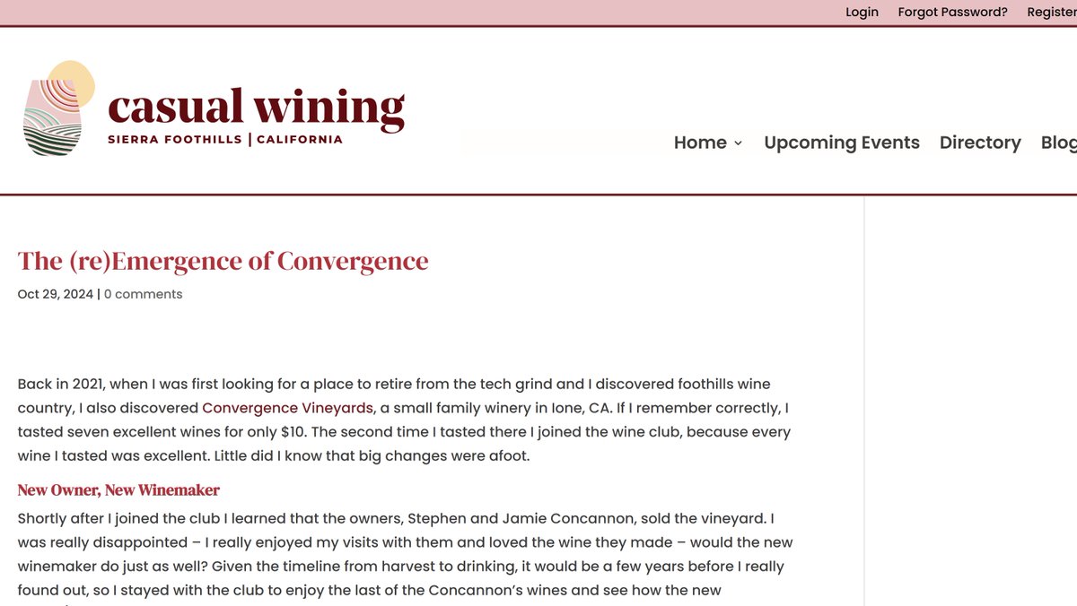 My latest blog is about one of the first wineries I visited in Amador County, Convergence Vineyards, and the impact the new owner &amp; winemakers bring to the wines. #wineries  #AmadorWine #CasualWining

Read it here! tinyurl.com/yck4r5s5