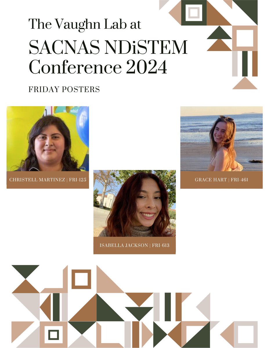 The Vaughn Lab has 8 student presenters attending the <a href="/SACNAS/">SACNAS</a> #2024NDiSTEM conference!  We have Christell, Isabella, and Grace presenting on Friday. Come support our <a href="/csuci/">CSU Channel Islands</a> student presenters! #SACNAS #TrueDiversity #ChemEd #CER