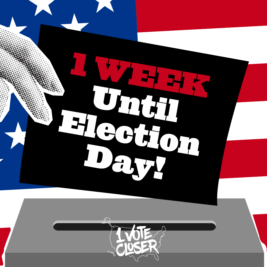 1votecloser's tweet image. Just 1 week until the 2024 election! Your voice matters! If you're unsure where to vote in person, check out vote.org/polling-place-… for polling locations. Want to dive deeper into the issues? Head over to 1votecloser.com for more info. 
#Vote2024 #ElectionWeek