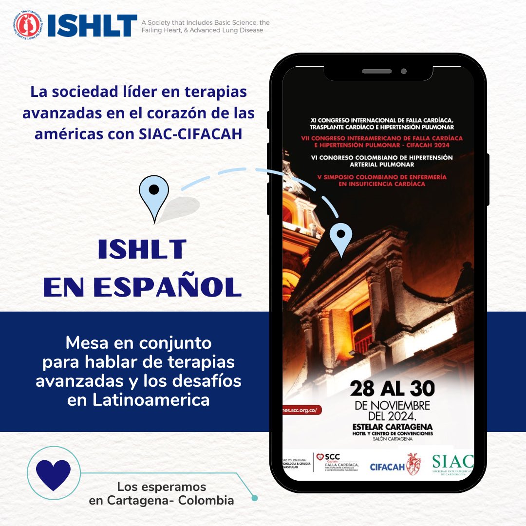 Paola Morejón Barragán (@paomorejon) on Twitter photo Que grato compartirles‼️
<a href="/ISHLT/">The ISHLT</a> llega al corazón🫀de las Américas <a href="/SIAC_cardio/">SIAC</a> <a href="/cifacah/">Consejo Interamericano de Falla Cardíaca e HP</a> con #ISHLTenEspañol
Los esperamos en una mesa que hemos preparado para hablar de terapias avanzadas en Latinoamérica 🙌
🗓️ Cartagena 28-30 de Noviembre
<a href="/MartaFarrero/">Marta Farrero</a> <a href="/JHMontfort10/">Jaime Hernandez-Montfort</a> Que grato compartirles‼️
<a href="/ISHLT/">The ISHLT</a> llega al corazón🫀de las Américas <a href="/SIAC_cardio/">SIAC</a> <a href="/cifacah/">Consejo Interamericano de Falla Cardíaca e HP</a> con #ISHLTenEspañol
Los esperamos en una mesa que hemos preparado para hablar de terapias avanzadas en Latinoamérica 🙌
🗓️ Cartagena 28-30 de Noviembre
<a href="/MartaFarrero/">Marta Farrero</a> <a href="/JHMontfort10/">Jaime Hernandez-Montfort</a>