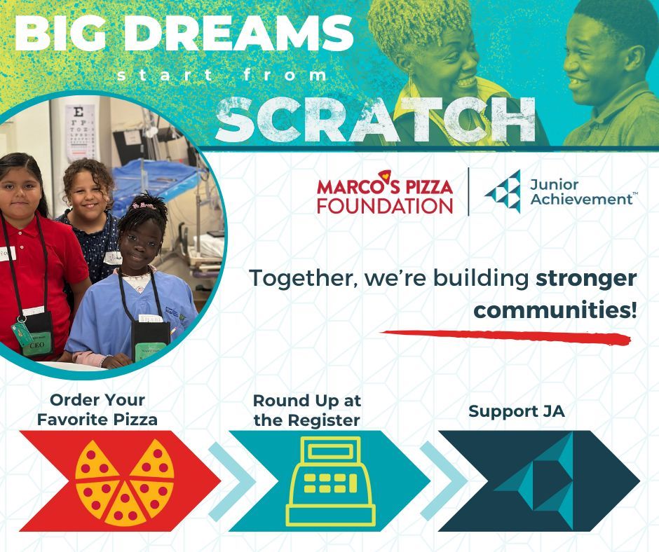 JATampaBay's tweet image. We’re excited to announce our partnership with the Marco’s Pizza Foundation! 🍕 Together, we can make a real impact. Learn more about the Marco’s Pizza Foundation: buff.ly/40pgeZf. #MarcosPizzaFoundation #JuniorAchievement #RoundUpForChange