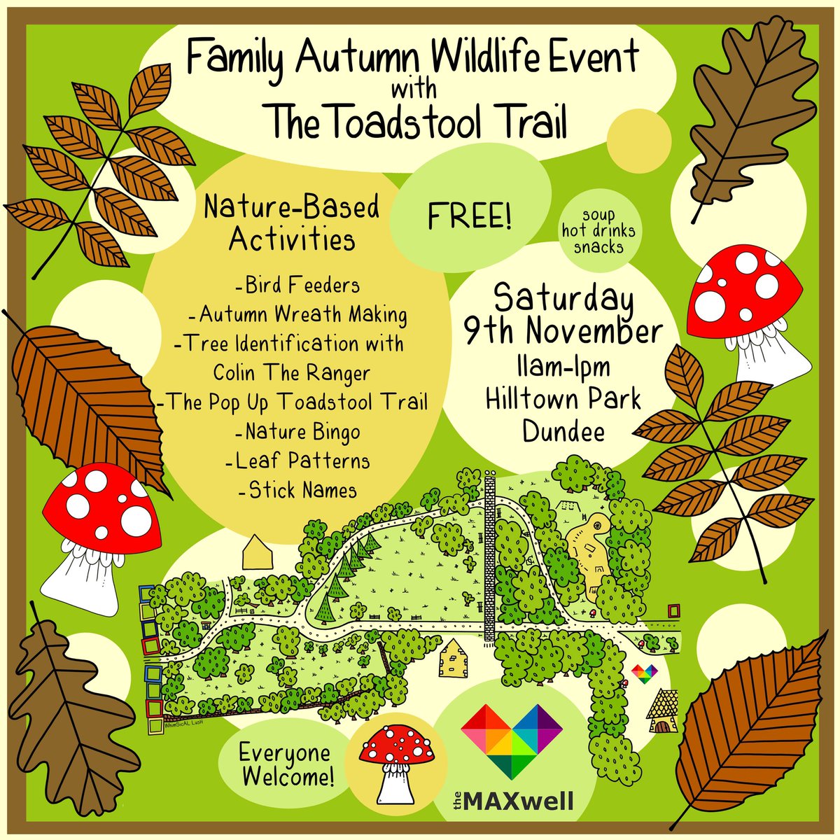 Join us for our pop up Toadstool Trail &amp; much  more on 9th November in the Hilltown Park. 

🍂 This Autumnal <a href="/MAXinfo_Dundee/">The MAXwell Centre</a> ✨FREE event will be jam packed with lots of fun ways to connect with Nature.

Free soup/hot drinks
All Welcome. Email nmmaxinfo@gmail.com to book

#Dundee