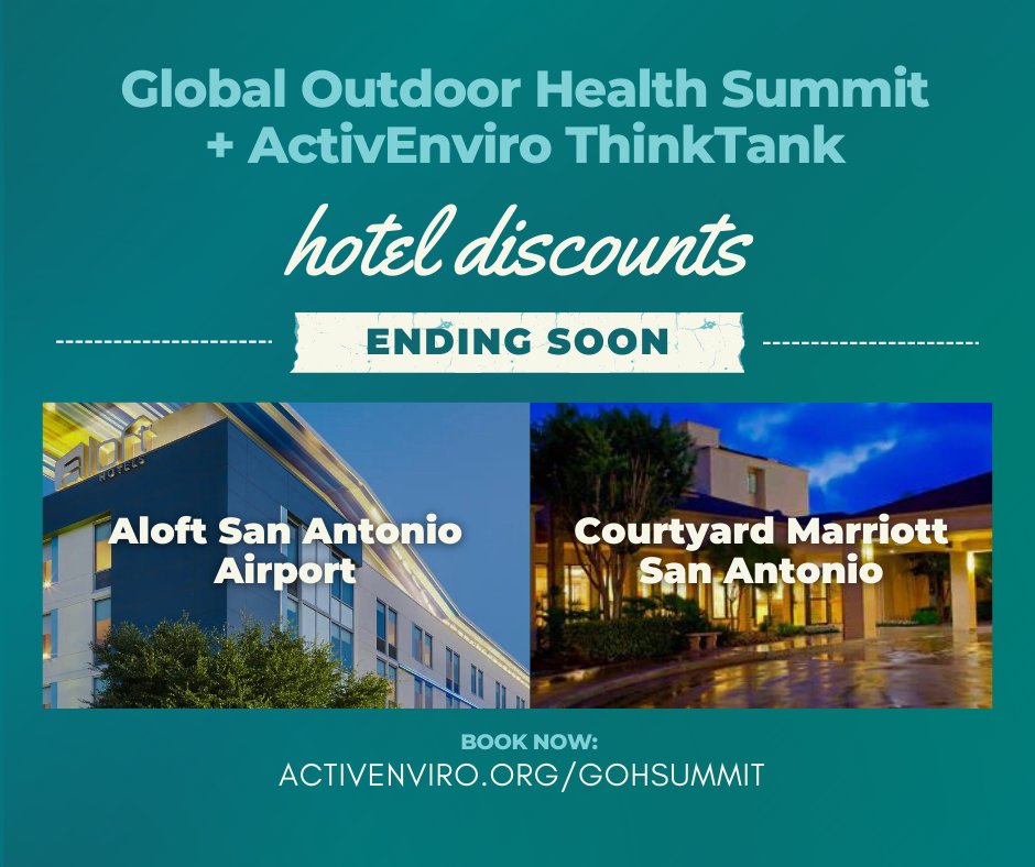 Last chance alert! Don't miss our exclusive hotel deals for the 2024 #GlobalOutdoorHealthSummit and #ActivEnviroThinkTank: discounted room rates of just $119 per night at both Aloft and Courtyard Marriott, but only for a very limited time! Full details: activenviro.org/gohsummit