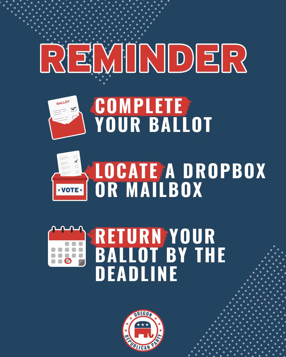 Oregon_GOP's tweet photo. ✴️ ATTENTION ALL REPUBLICANS IN OREGON! ✴️ 
You still have time to return your ballot before November 5th!

✔️Complete your ballot
✔️Locate a dropbox or mailbox
✔️Return your ballot EARLY! https://t.co/Xoqt6Tp9uf
