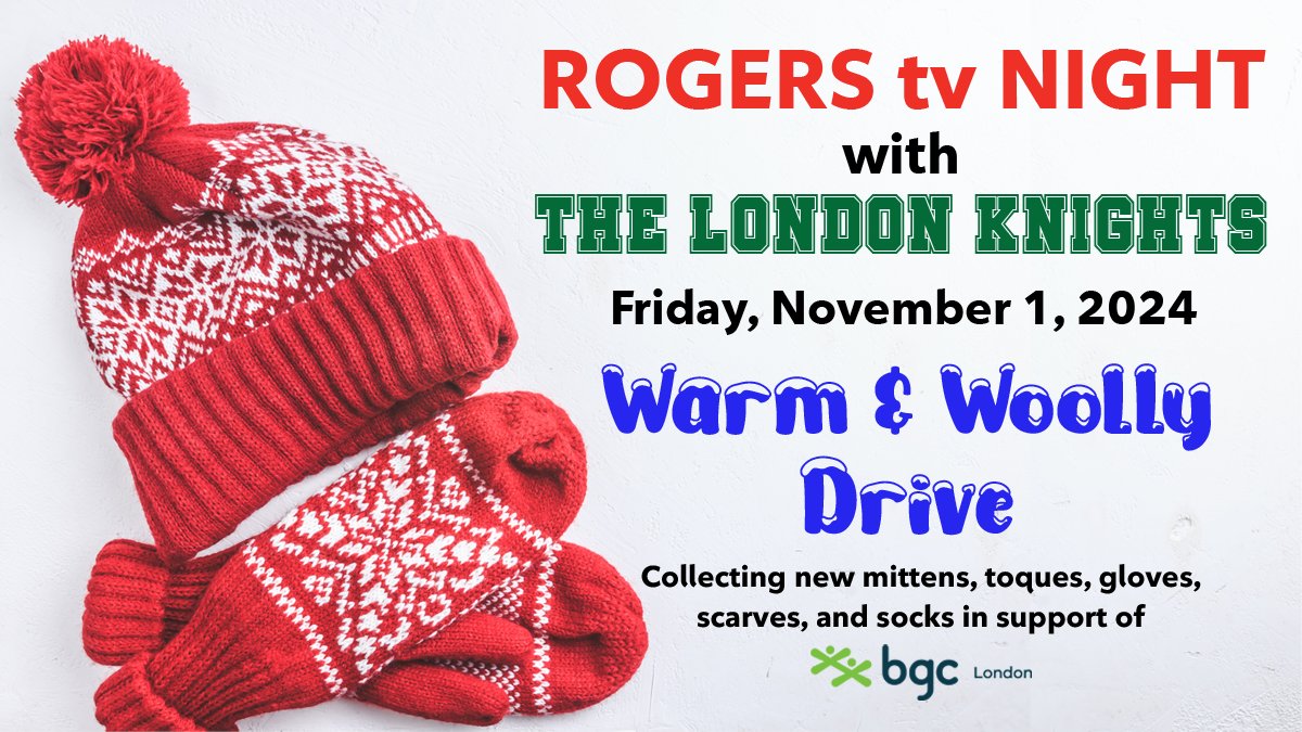 RtvSWOntario's tweet image. This #FridayKnight is #Rogerstv Night with the
@LondonKnights!

Volunteers will be at gate entrances collecting donations for the ❄️Warm &amp;amp; Woolly Drive❄️ in partnership with @BGCLondon.
Help keep kids warm &amp;amp; cozy this winter by bringing NEW winter accessories to the game!
#RtvSWO
