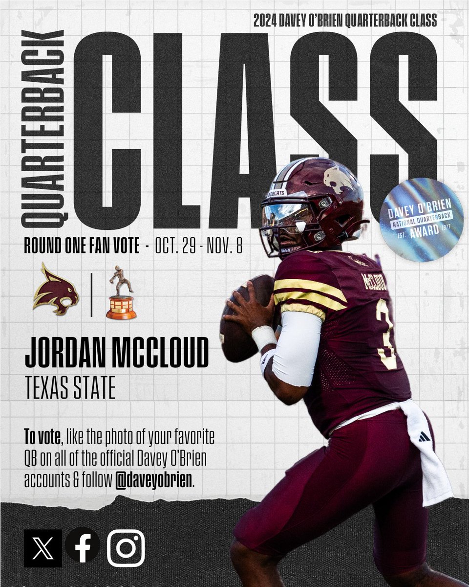 daveyobrien's tweet photo. Get in the game and VOTE for @Jordan_McCloud3! Like this photo on @daveyobrien official accounts on Twitter, Instagram & Facebook. The top fan vote getters receive bonus Selection Committee votes as we get closer to deciding our National Quarterback of the Year! #DaveyQBs #EatEmUp