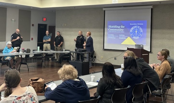 The Securities Division was with the Brownsburg Police Department this morning giving our Shielding the Community presentation. Thank you to the officers who joined us, and all those who gathered to learn more about financial fraud and how to avoid scams!