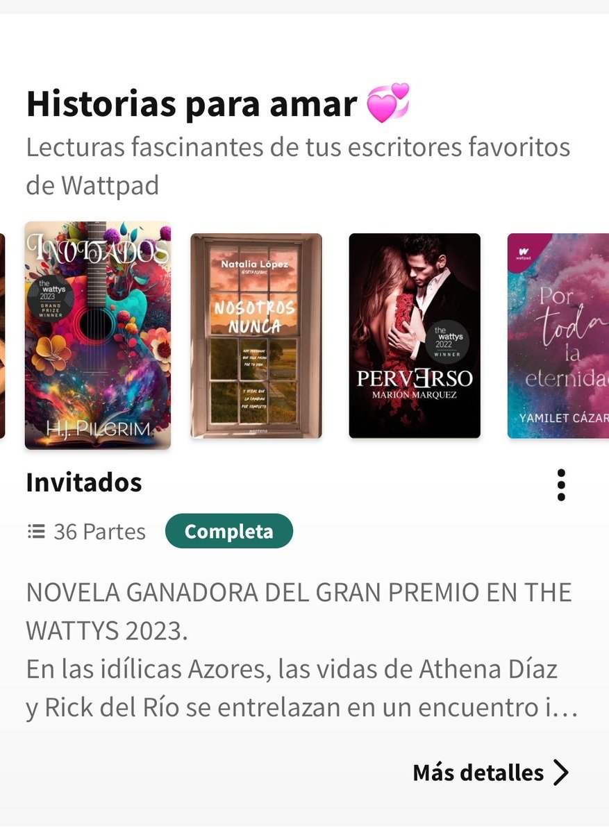 ¡Qué bonito es ver a #Invitados ahí en el inicio de la app! 🥹 Si no la leíste aún, dale una oportunidad. Es música, es literatura, salud mental, es amor, serendipia y superación.
¡Sólo disponible en <a href="/wattpad/">Wattpad</a>!
