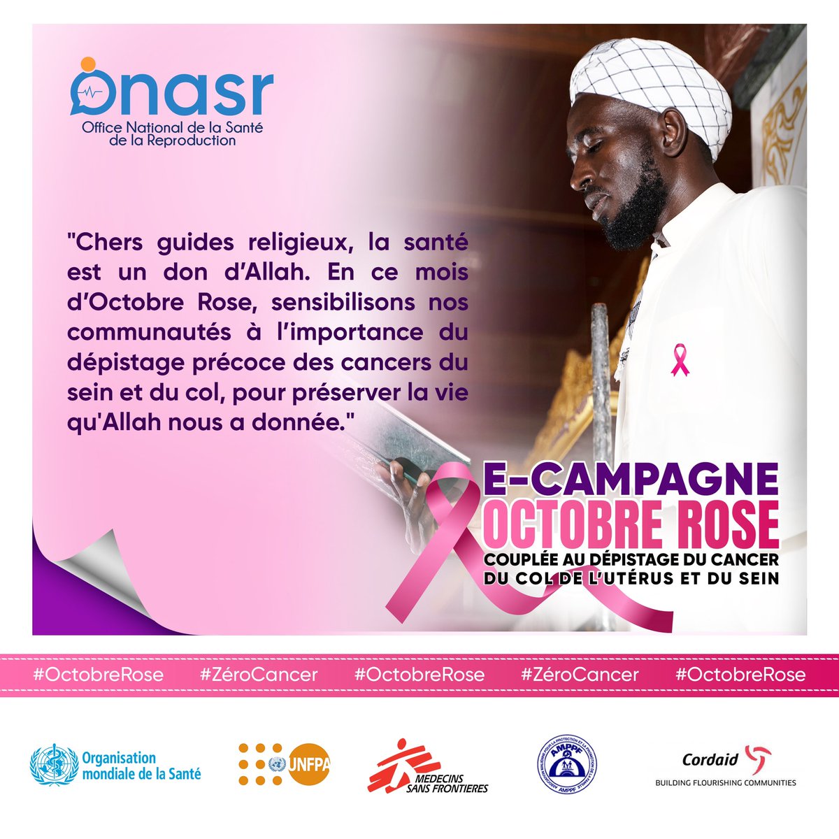 Chers guides religieux, la santé est un don d’Allah. En ce mois d’Octobre Rose, sensibilisons nos communautés à l’importance du dépistage précoce des cancers du sein et du col, pour préserver la vie qu'Allah nous a donnée.

#ActionJeunes 
#OctobreRose
#zérocancer