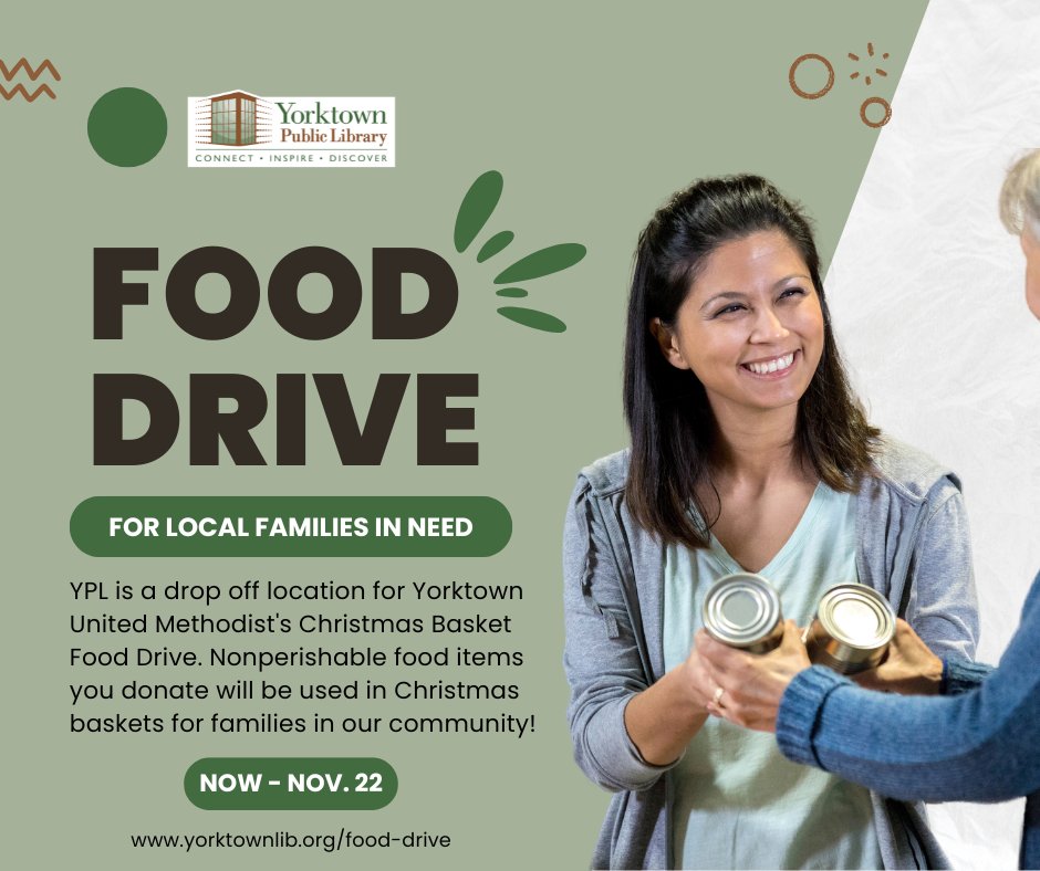 YorktownLibrary's tweet photo. 🥫 Help Local Families in Need This Holiday Season

YPL is a drop off location for Yorktown Methodist Church's Christmas Basket Food Drive. Nonperishable food items will be used in baskets for families in our community! 
Accepting donations through 11/22.

https://t.co/ok6MLJO4Dc https://t.co/0JB4lvQ3sl