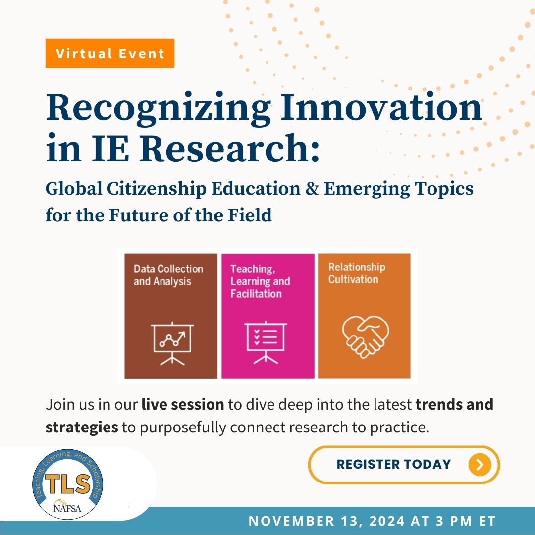 NAFSA's tweet photo. Interested in #intled research conversations? Join #GoTLS leaders & the 2024 TLS Award recipient on November 13 to hear more about her award-winning research focused on global citizenship education. Register for free at: https://t.co/iWPHp6LZqV https://t.co/3QoFi8iQ2L