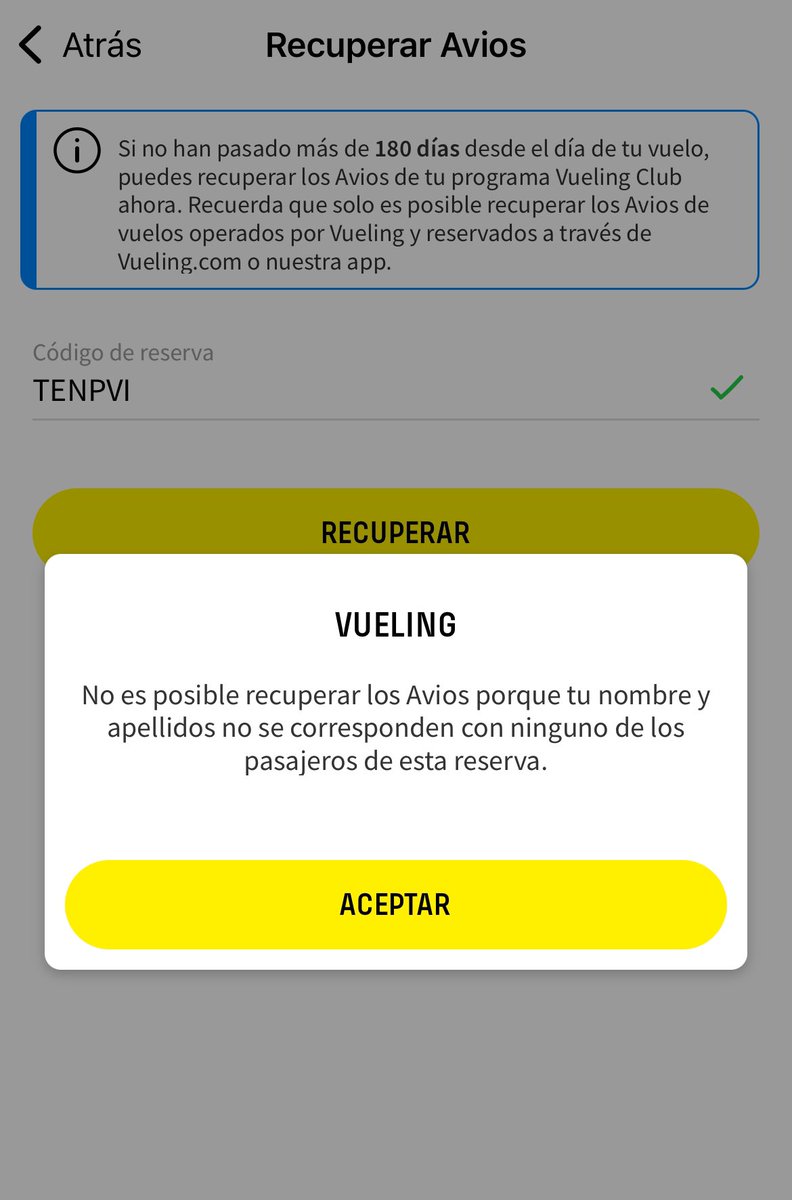 Gorditosbcn's tweet photo. Hola @vueling , estoy intentando recuperar los avíos de mi última reserva y me indica que el nombre no se corresponde con el de la reserva 🙄. Como recupero estos Avios?? https://t.co/uGUJqToxux