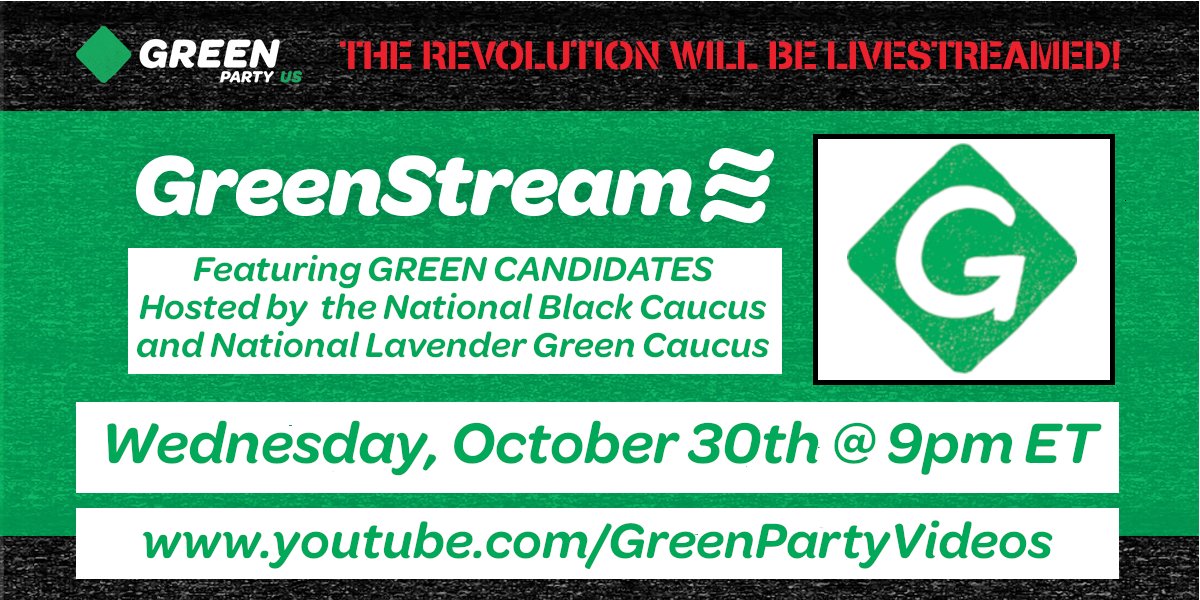 Wednesday evening: Join us on the Green Party's YouTube channel, meet Green candidates for state &amp; local office, join the discussion in the chat box!

Tune in here: youtube.com/GreenPartyVide… 

<a href="/GPUSBlackCaucus/">US Green Party Black Caucus 🌻</a> <a href="/LavenderGreens/">🌻National Lavender Green Caucus</a> <a href="/GreenParty_GCCC/">Green Congressional Campaign Committee</a>
#VoteGreen2024