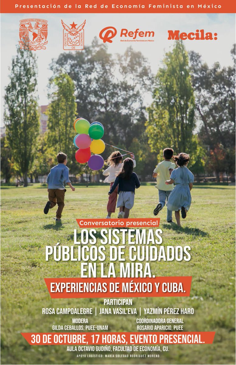 suayedEconomia's tweet photo. #Conversatorio: Los sistemas públicos de cuidados en la mira. Experiencias de México y Cuba.
Participan: 
- Rosa Campoalegre
- Jana Vasil'eva
- Yazmín Pérez Haro
- Gilda Ceballos

📆30 de octubre | 17:00 hrs.
Aula Octavio Gudiño de la Facultad de Economía #UNAM https://t.co/JzSd6NKclk
