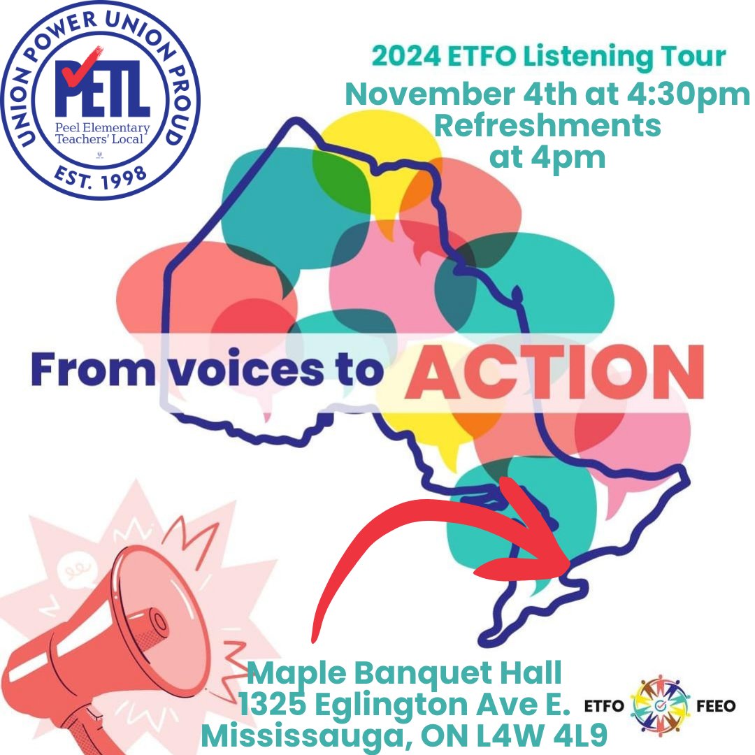ETFOPeel's tweet photo. ETFO Member Engagement Meeting in Peel - Nov 4th at 4:30
#PETL & #PEOT members
We want to hear abt your experiences in the workplace & abt the changes you want to see in our schools. Join us for this important discussion and have your voice heard
Register: https://t.co/1uCz45VD8y https://t.co/CiZ9R2i4s7