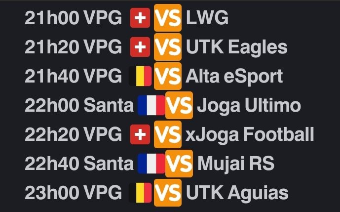[MATCHDAY] 🏆

Gros programme pour notre équipe ce soir , avec 6 matchs ! 

🏆 | <a href="/belgique_vpg/">VPG BELGIQUE 🇧🇪</a>
@TheDream_SMG
<a href="/SwissVPG/">VPG Switzerland 🇨🇭</a>

Live Twitch 21h00 : twitch.tv/boya__20

@EsportTWH #TWHOnTop 🐺
