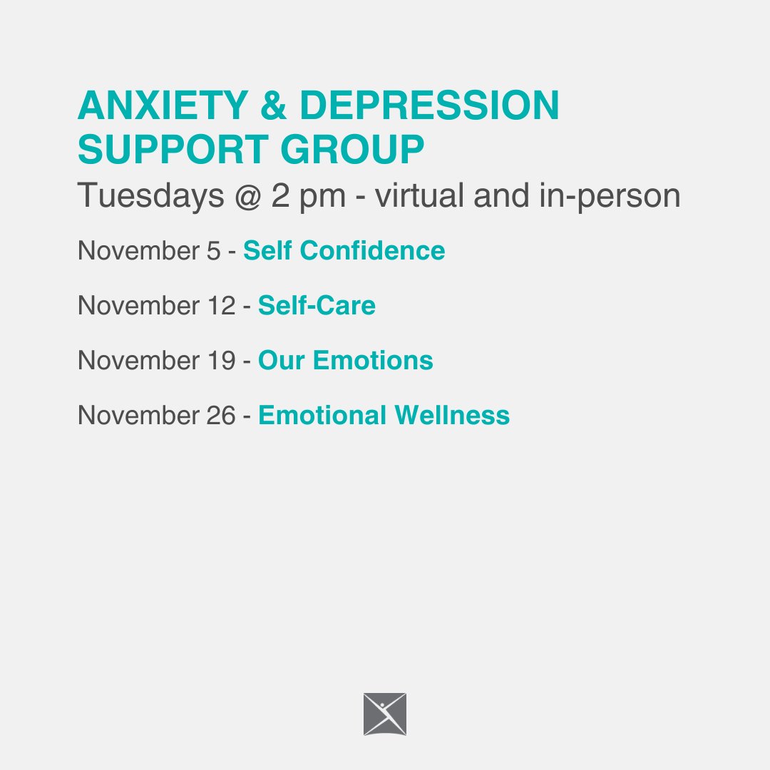 Every Tuesday at 2 pm the Peer Support program hosts a virtual and in-person Anxiety and Depression Group. Here are the topics for November. For more information, 705-498-9925 or peersupport@nbd.cmha.ca

To register: forms.office.com/r/ffehzf8GjD