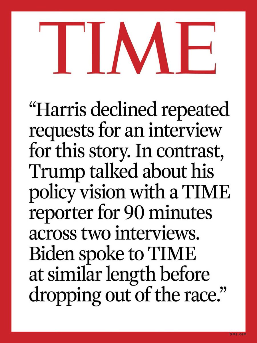“Harris declined repeated requests for an interview for this story. In contrast, Trump talked about his policy vision with a TIME reporter for 90 minutes across two interviews. Biden spoke to TIME at similar length before dropping out of the race.”
time.com/7081350/kamala…