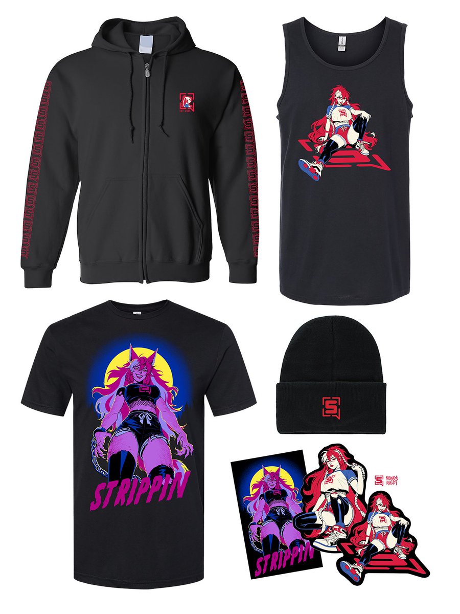 Strippin's tweet photo. My BRAND NEW merch store is now live! All purchases go towards the Subathon timer and Twitch subs get 5% off!

https://t.co/mAHGYGkoxY

(huge thank you to @Manda_AMSBT who designed everything ITS SO GOOD) https://t.co/gr9YXfNOFg