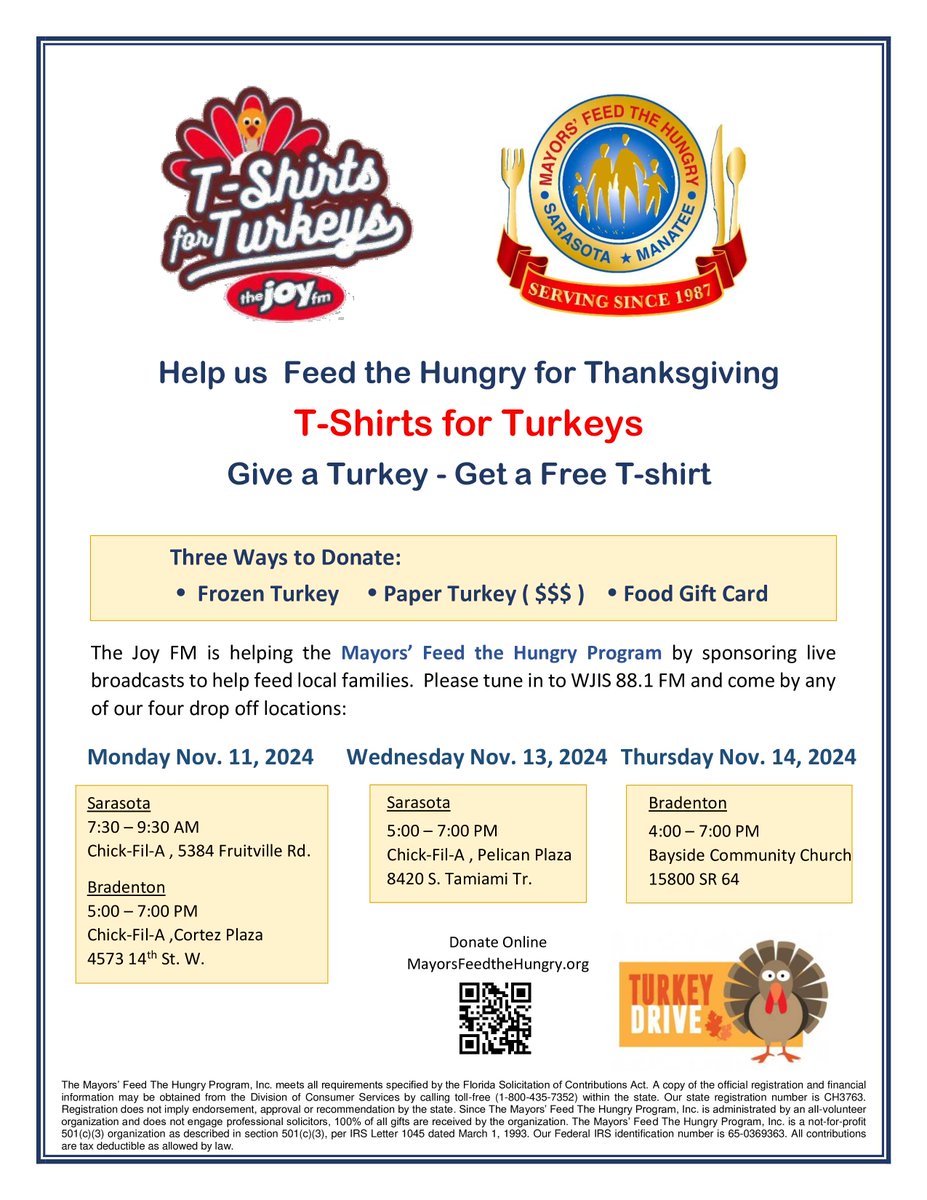 MayorsFeed's tweet photo. Help us Feed the Hungry for Thanksgiving
November 11 – 14, 2024 in Bradenton and Sarasota
T-Shirts for Turkeys
Give a Turkey - Get a Free T-shirt
Three Ways to Donate:
· Frozen Turkey
· Paper Turkey ( $$$ )
· Food Gift Card
https://t.co/qS9LxDbh0c https://t.co/zxFl6C8GR7